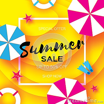 Summer Sale Template banner. Beach rest. Summer vacantion. Top view on colorful beach elements. Square frame with space Vector Illustration