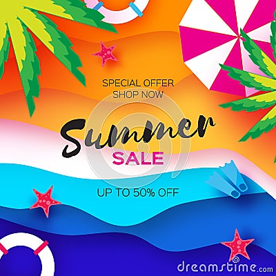 Summer Sale Template banner. Beach rest. Summer vacantion. Top view on colorful beach elements. Square frame with space Vector Illustration