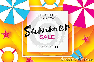 Summer Sale Template banner. Beach rest. Summer vacantion. Top view on colorful beach elements. Square frame with space Vector Illustration