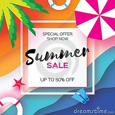 Summer Sale Template banner. Beach rest. Summer vacantion. Top view on colorful beach elements. Square frame with space Vector Illustration