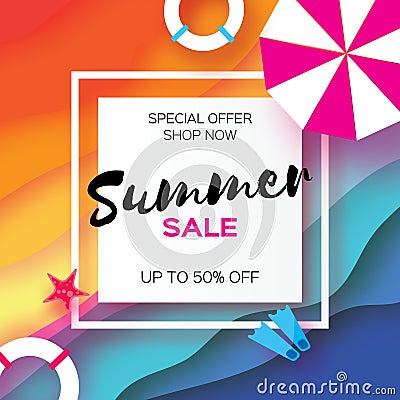 Summer Sale Template banner. Beach rest. Summer vacantion. Top view on colorful beach elements. Square frame with space Vector Illustration