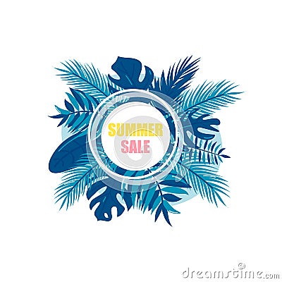 Summer sale template banner, poster with palm leaves, jungle leaf. Floral tropical summer background. Vector Vector Illustration