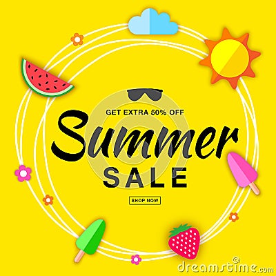 Summer sale template flat banner with flat paper sun, watermelon, ice cream, strawberry vector summer design elements. Vector Illustration