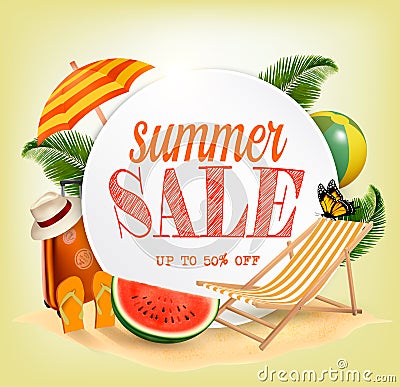 Summer Sale Template Vector Banner With Colorful Beach Elements. Vector Illustration