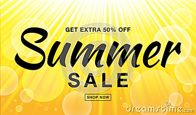 Summer sale template vector banner with sun rays. Glow horizontal sunlight yellow background. Vector Illustration