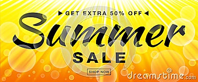 Summer sale template vector banner with sun rays. Glow horizontal sunlight yellow background. Vector Illustration