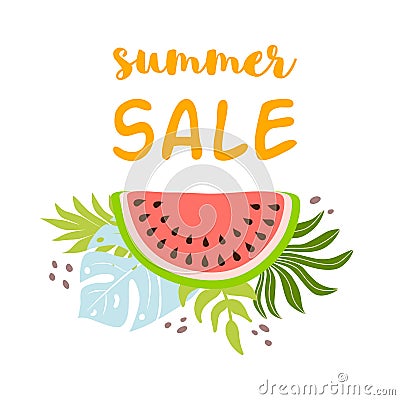 Summer sale text Watermelon with tropical leaves. Summer background fruits Tropic sale banner Vector Cartoon Illustration