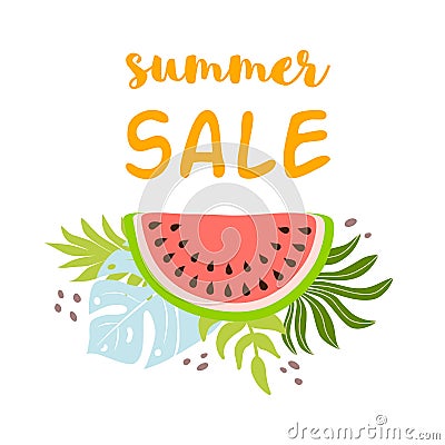 Summer sale text Watermelon with tropical leaves. Summer background fruits Tropic sale banner Cartoon Illustration