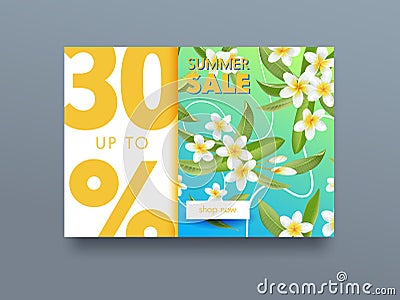 Summer Sale Tropical Ad Poster with Exotic Plumeria Flowers and Green Leaves. Promo Flyer Design Vector Illustration