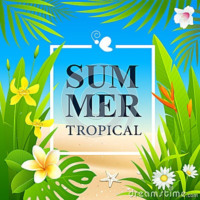 Summer Sale Tropical flower and green leaf vector background Vector Illustration