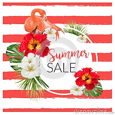 Summer Sale Tropical Flowers Banner, for Discount Poster, Fashion Sale, backgrounds, tshirts, pillows, in Vector Illustration