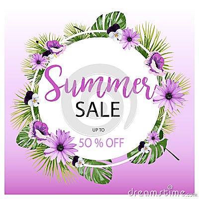 Summer Sale Tropical Flowers Banner, for Discount Poster, Fashion Sale, backgrounds, tshirts, pillows, in vector Vector Illustration