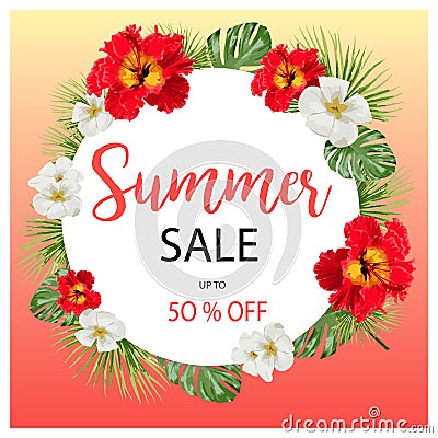 Summer Sale Tropical Flowers Banner, for Discount Poster, Fashion Sale, backgrounds, tshirts, pillows, in vector Vector Illustration