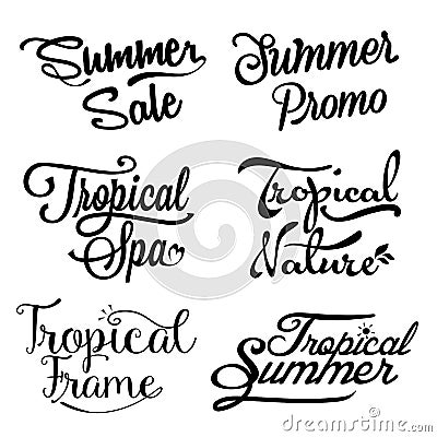 summer sale and tropical lettering set Vector Illustration