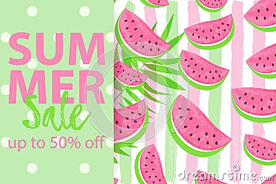 SUMMER SALE up to 50 OFF banner with seamless Watermelon Pattern isolated on hand drawn brush background. Vector Illustration