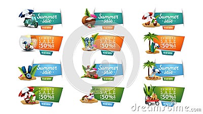 Summer sale, up to 50% off, large collection clickable banners with summer 3D icons and buttons in paper cut style. Vector Illustration