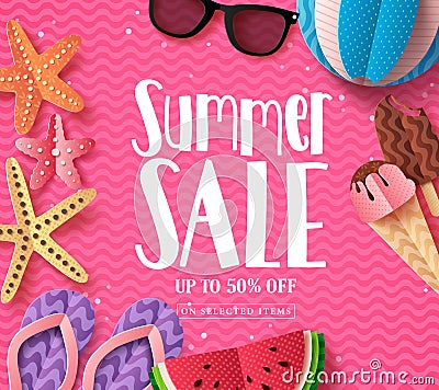 Summer sale vector background template with paper cut beach elements Vector Illustration
