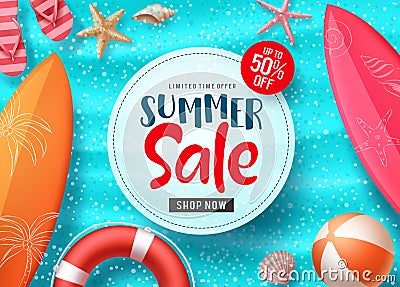 Summer sale vector banner design with colorful beach elements and sale text in white space and blue beach background Vector Illustration