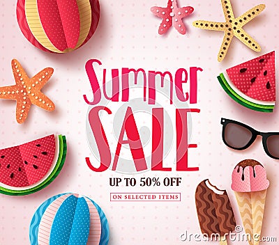 Summer sale vector banner design with sale text and beach paper cut colorful elements Vector Illustration