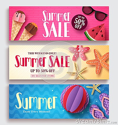 Summer sale vector banner set with colorful pattern background Vector Illustration