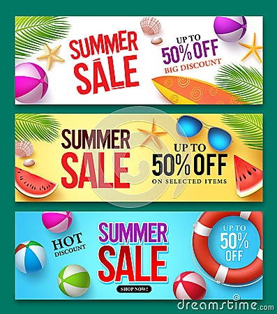 Summer sale vector banner set with 50% off discount text and summer elements Vector Illustration