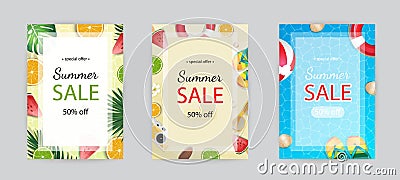 Summer sale vector poster, banner template. Season backgrounds set. Tropical frame with sand beach, water, leaves and fruits, ice Stock Photo