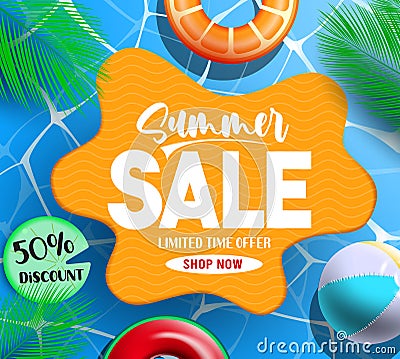 Summer sale vector template design. Summer sale text in swimming pool background with floater and beachball elements for tropical. Vector Illustration