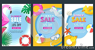 Summer sale vertical banner or poster set. Vector illustration of pool with float rubber toys. Holiday background Vector Illustration