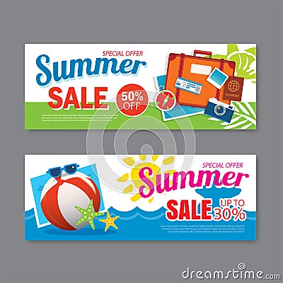 Summer sale voucher background template. Discount coupon. Banner season elements flat design. Vector Illustration