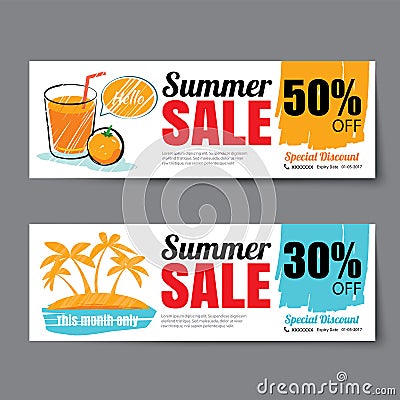 Summer sale voucher template.Discount coupon. Banner hand drawn Vector Illustration