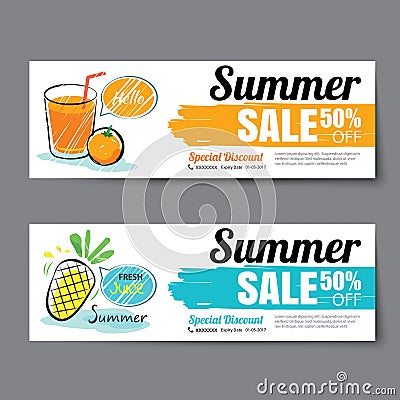 Summer sale voucher template.Discount coupon. Banner hand drawn Vector Illustration