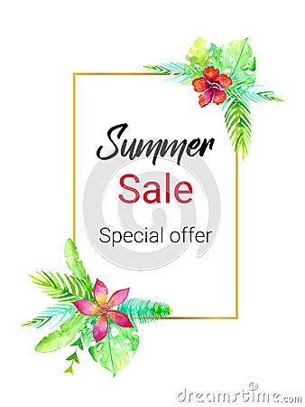 Summer sale watercolor golden frame palm leaf and exotic flower desing template. Floral flayer or discount voucher template. Trend Cartoon Illustration