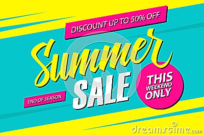 Summer Sale. This weekend special offer banner, discount 50% off. End of season. Vector Illustration