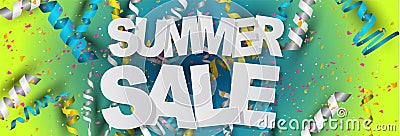 Summer salehorizontal banner design concept with confetti and ringlets on blue and green gradient background. High quality Vector Illustration