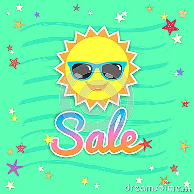 Summer sales banner or poster with smiley sun face wearing sunglasses Vector Illustration