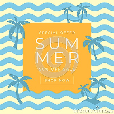 Summer sales banner template with blue wave and coconut tree. Vector Illustration