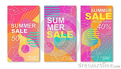 Summer Sales Media Stories or Mobile Cards Set Vector Illustration