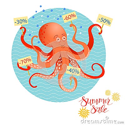 Summer sales poster with octopus Vector Illustration