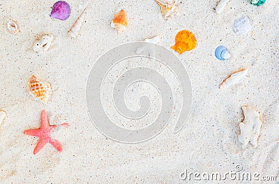 Summer sandy beach with sea shell, starfish. Stock Photo