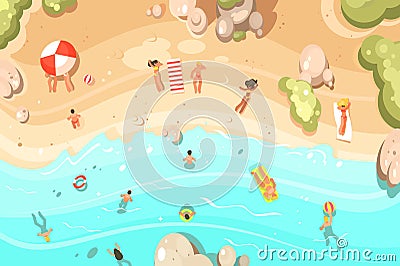 Summer sandy beach with vacationers Cartoon Illustration