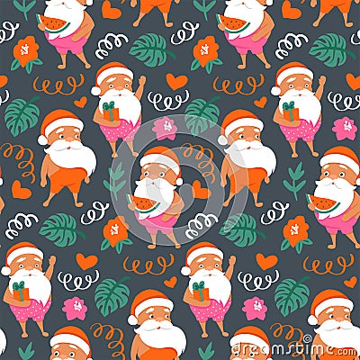Summer Santa Claus seamless pattern. Merry Christmas at the beach background. Tropical Christmas and happy New Year Vector Illustration