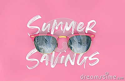 Summer savings sunglasses with tropical palm tree reflections. 3D Rendering Stock Photo