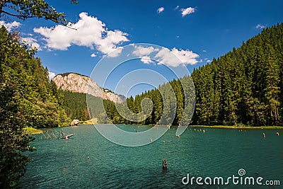 Summer scenery of mountain lake Lacul Rosu or Red Lake in Eastern Carpathians, Harghita County, Romania Stock Photo