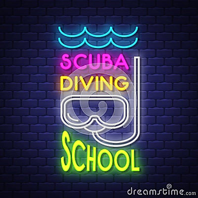 Scuba diving school. Summer holiday banner. Neon banner. Neon sign. Vector Illustration