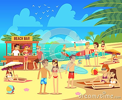 Summer sea beach with sunbathing relaxing young women and men vector illustration Vector Illustration