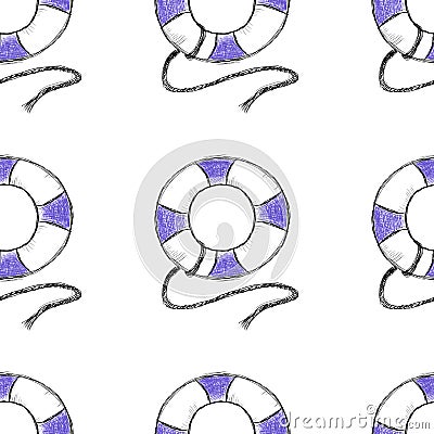 Summer sea doodle blue lifebuoy seamless pattern white Stock Photo