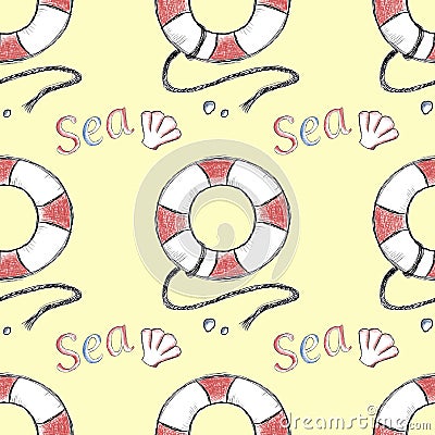 Summer sea doodle lifebuoy, word sea and seashell, seamless pattern yellow Stock Photo