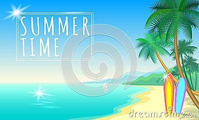 Summer sea palm beach web banner. Sand seashore blue water wave sunshite hot day surf boards boat. Background illustration Cartoon Illustration