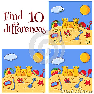 Summer sea sand castle and toys find 10 differences quiz vector cartoon illustration Vector Illustration