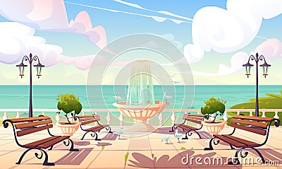 Summer seafront with fountain and benches Vector Illustration